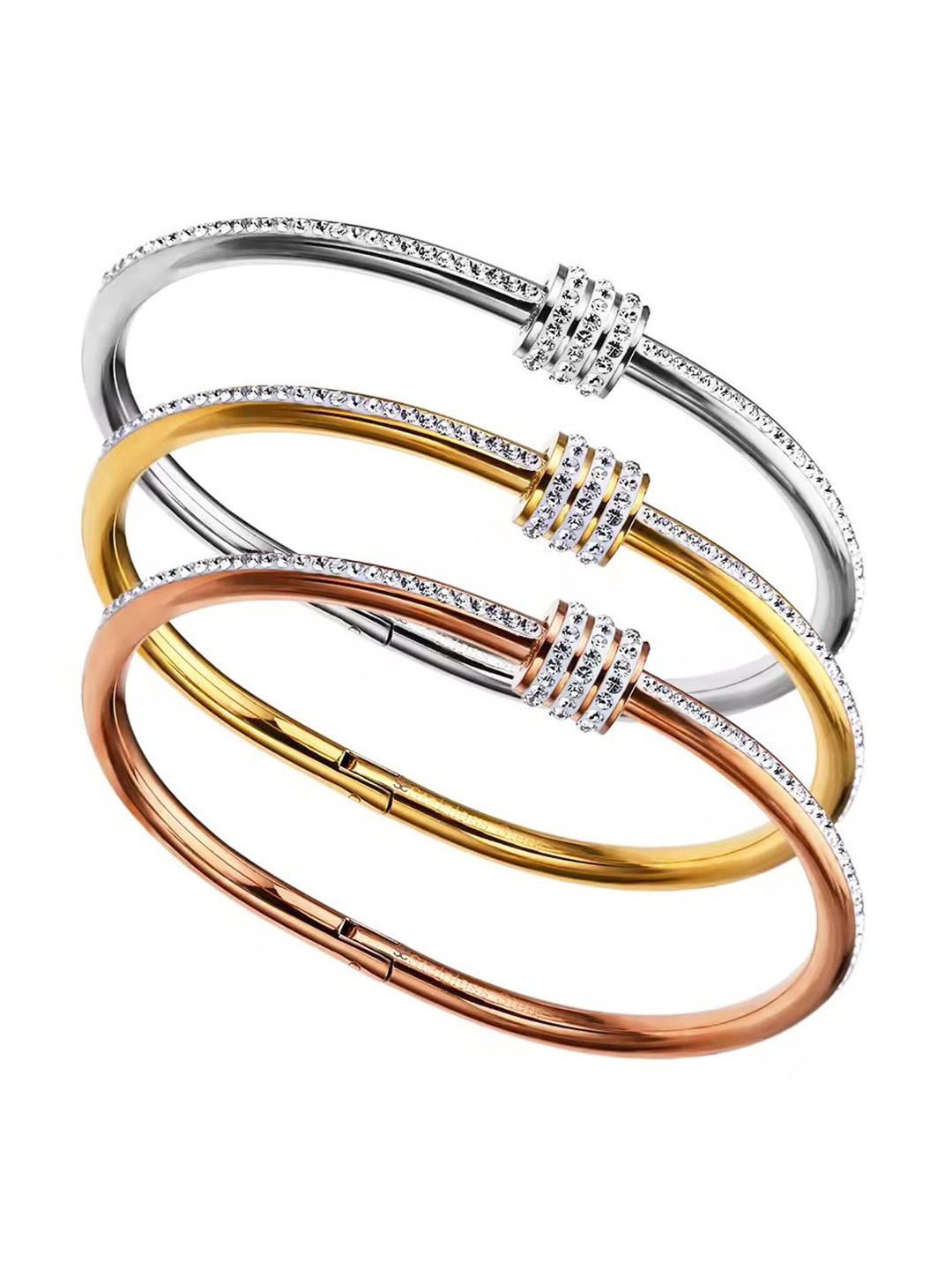 

DIVASTRI Set Of 3 Stainless Steel Gold-Plated American Diamond Studded Kada Bracelets