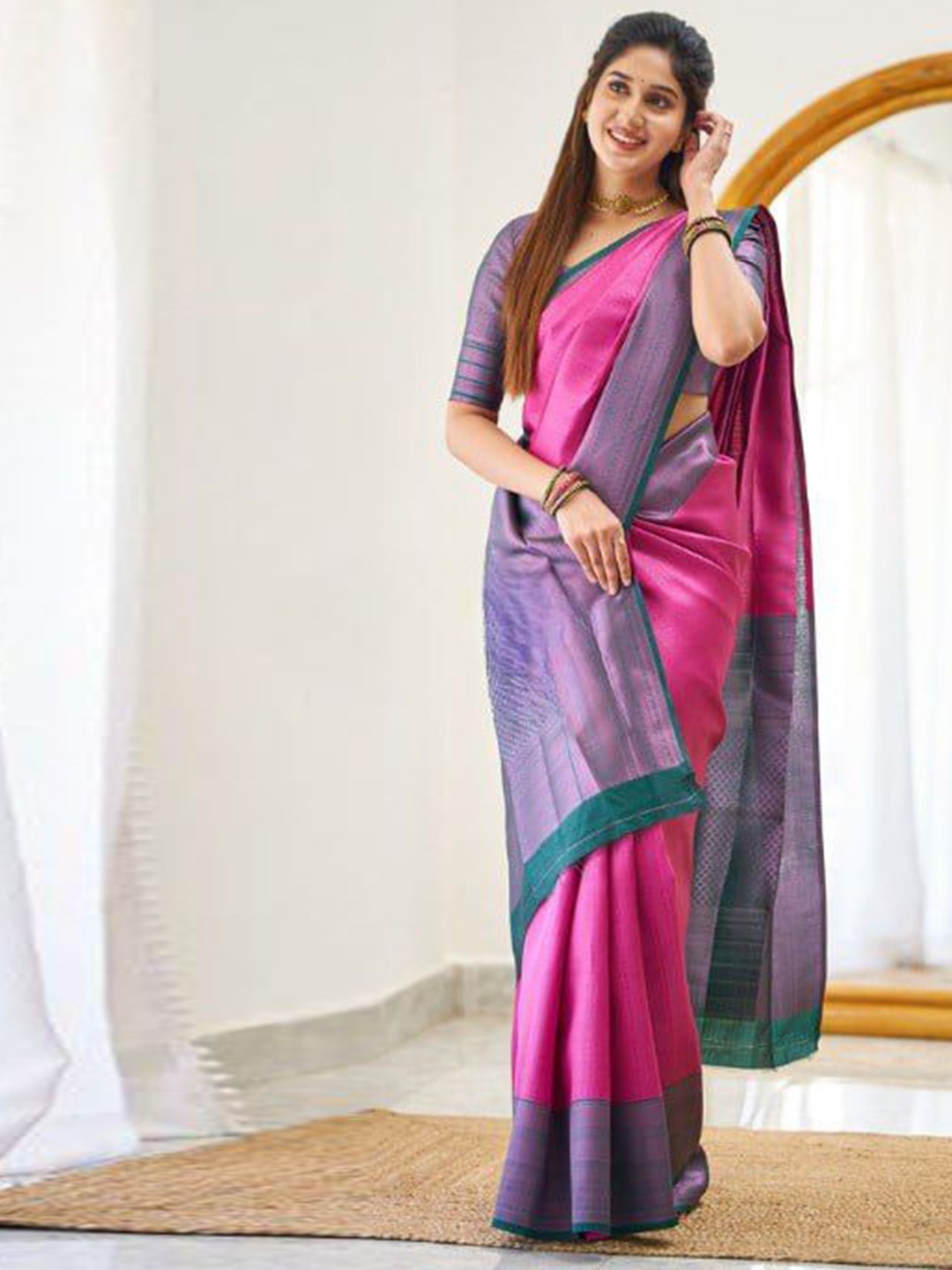 

Fashion Booms Woven Design Zari Pure Silk Banarasi Saree, Pink