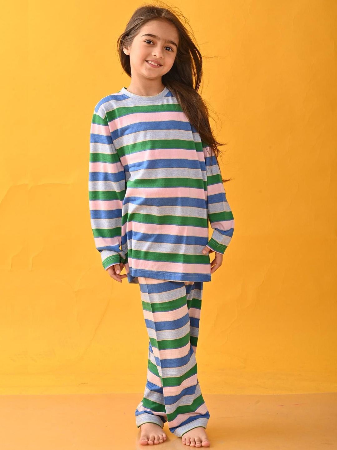 

Anthrilo Girls Colourblocked Striped Round Neck Pure Cotton Night suit, Blue