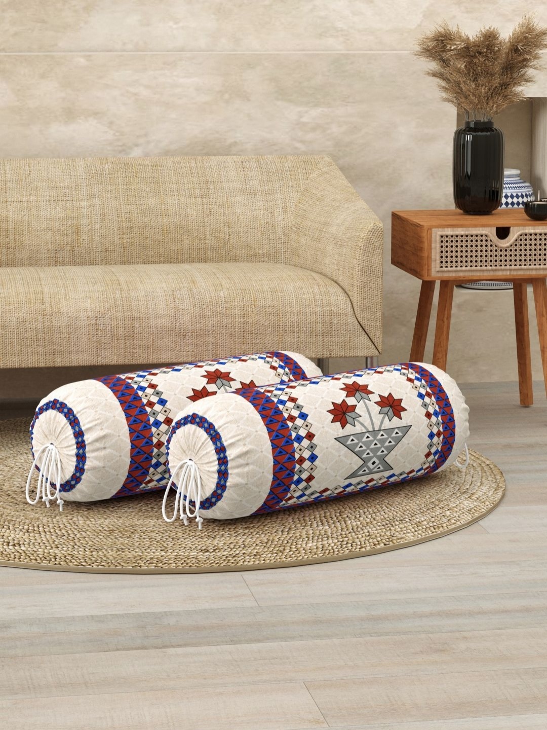 

BLOCKS OF INDIA Maroon & Blue 2 Pieces Floral Printed Bolster Covers