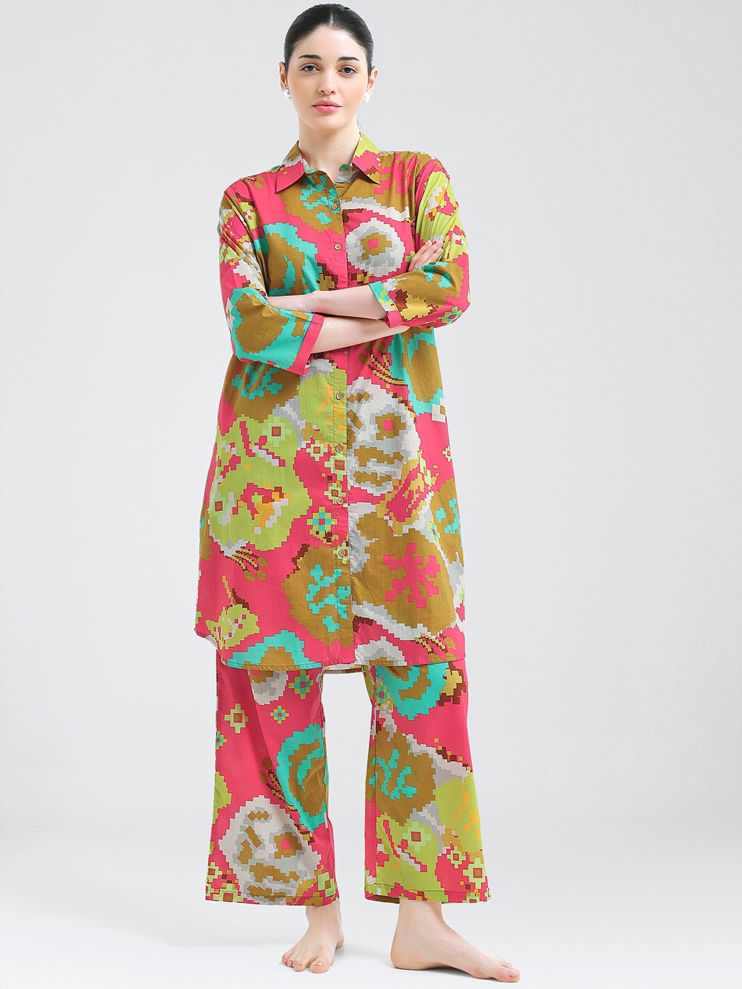 

I like me Pink and Green Shirt Collar Printed Pure Cotton Tunic With Trousers