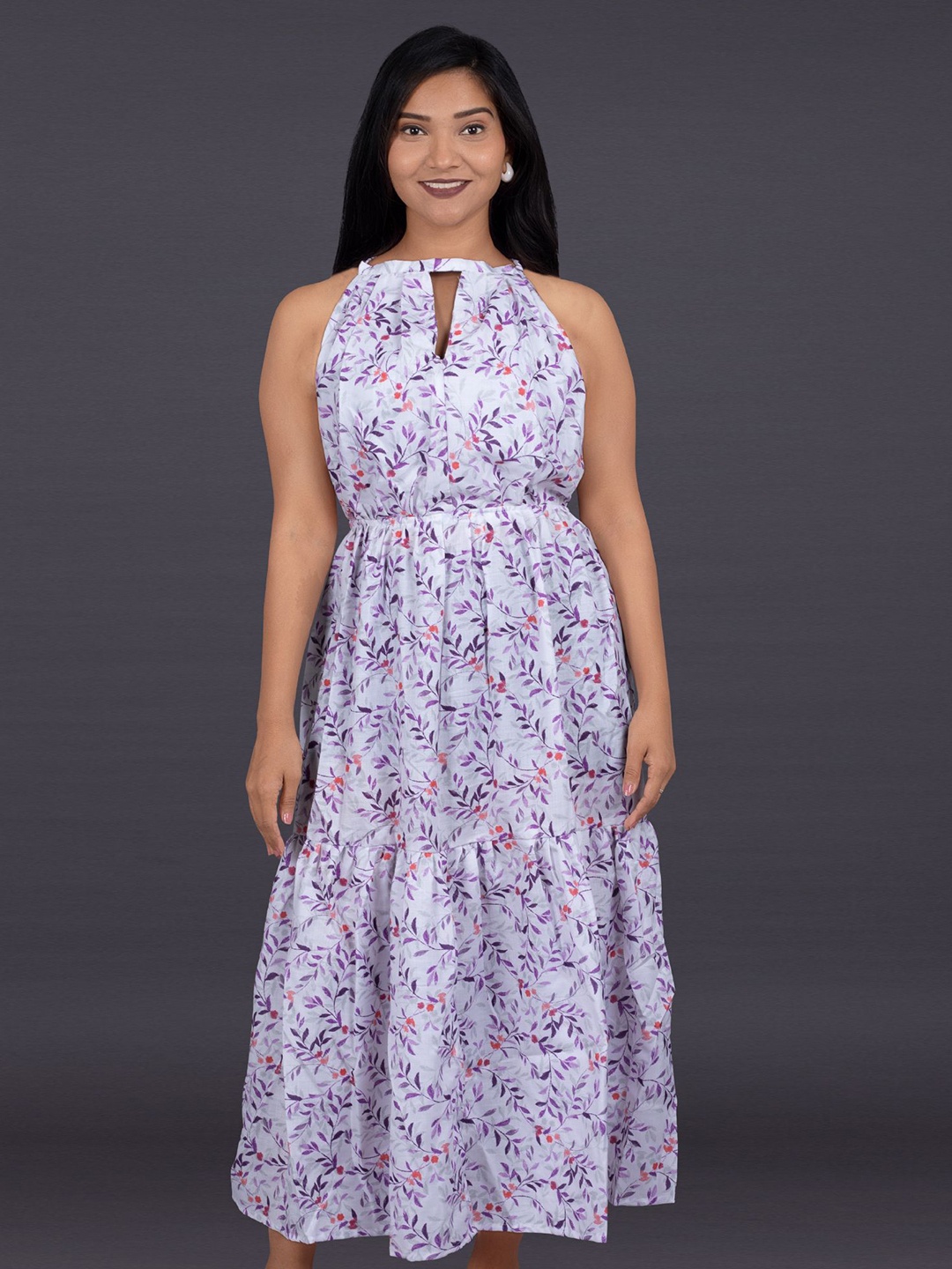 

La Aimee Women Floral Printed Halter Neck Fit - Flare Dress, Lavender