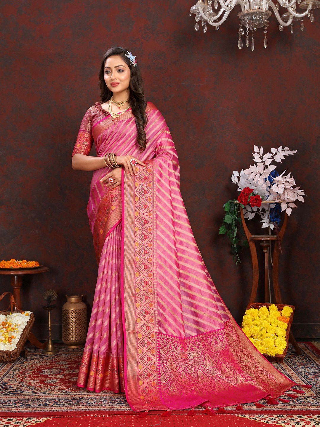 

Anaita Woven Design Banarasi Saree With Blouse Piece, Pink