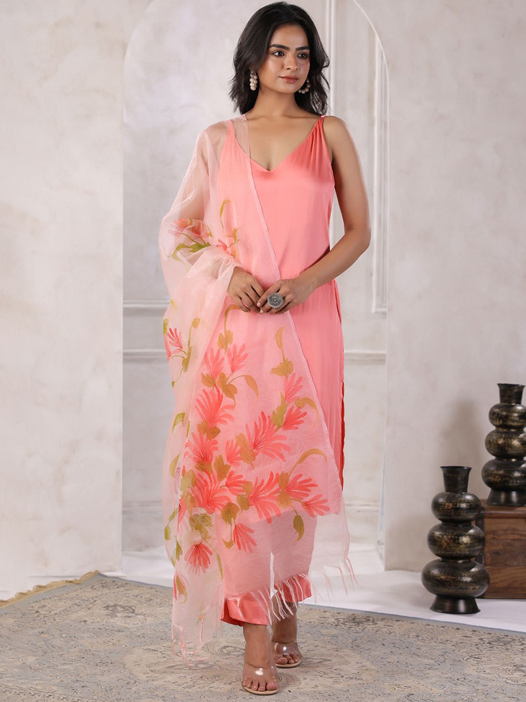 

Geroo Luxe Shoulder Straps Satin Straight Kurta With Trouser & Dupatta, Peach