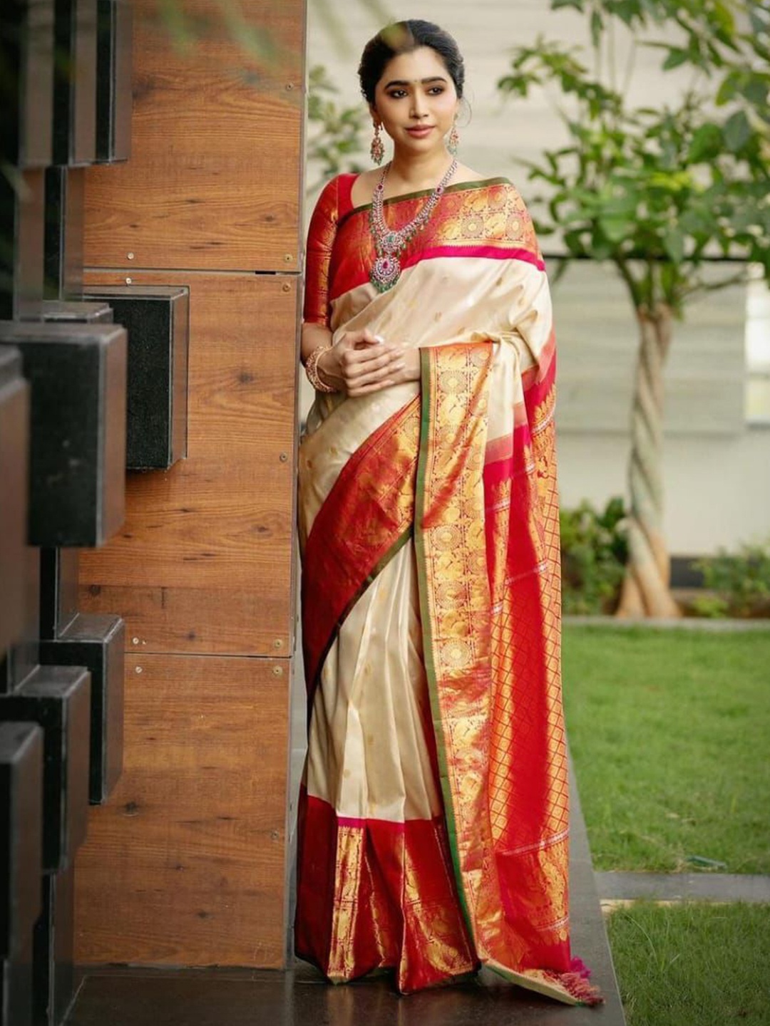 

Fashion Booms Woven Design Zari Pure Silk Saree, Cream