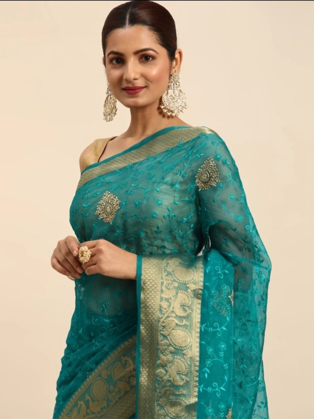 

DIVASTRI Ethnic Motifs Embroidered Organza Banarasi Saree, Teal