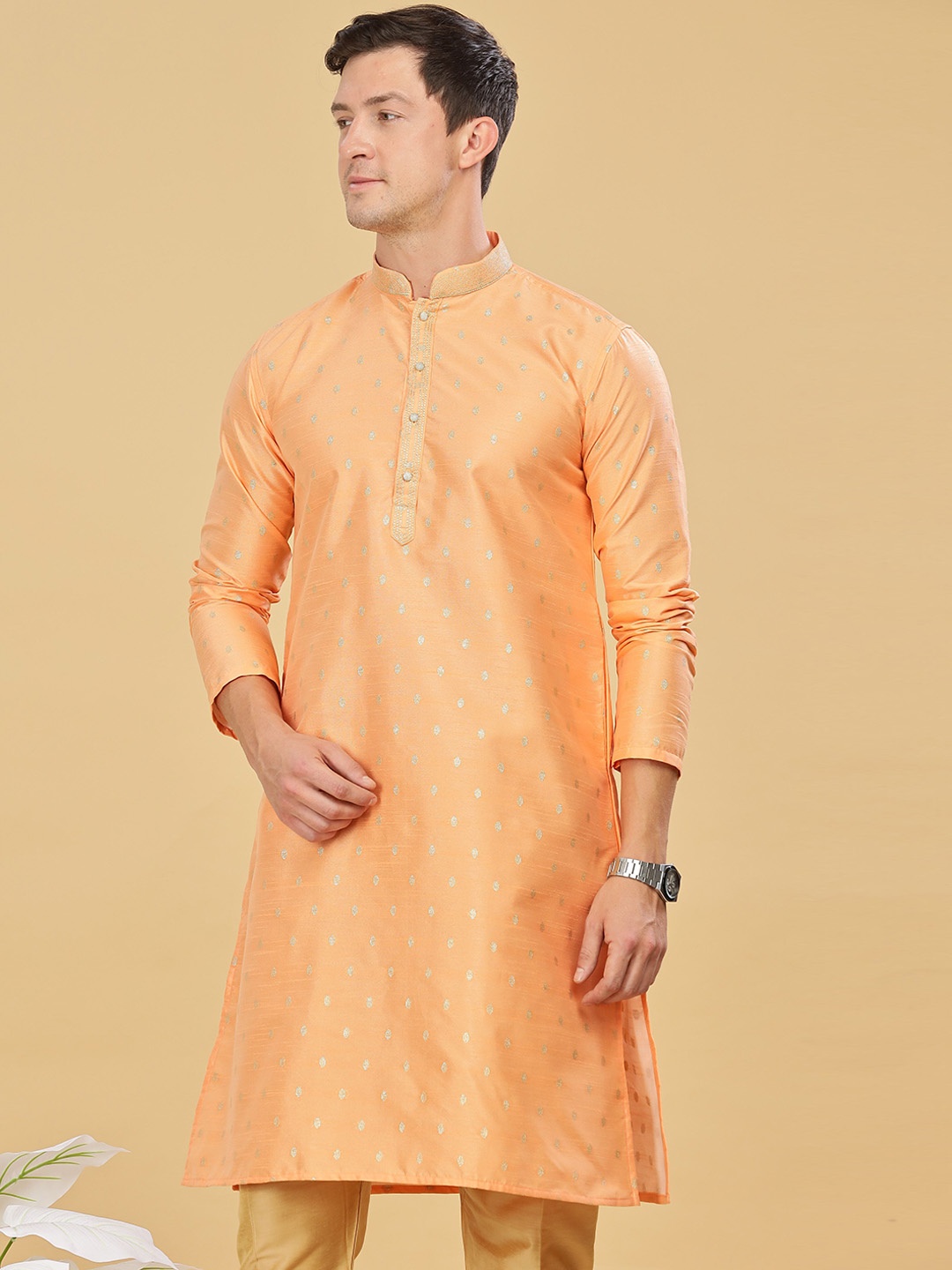 

Anouk Orange Ethnic Motifs Woven Design Mandarin Collar Cotton Straight Kurta