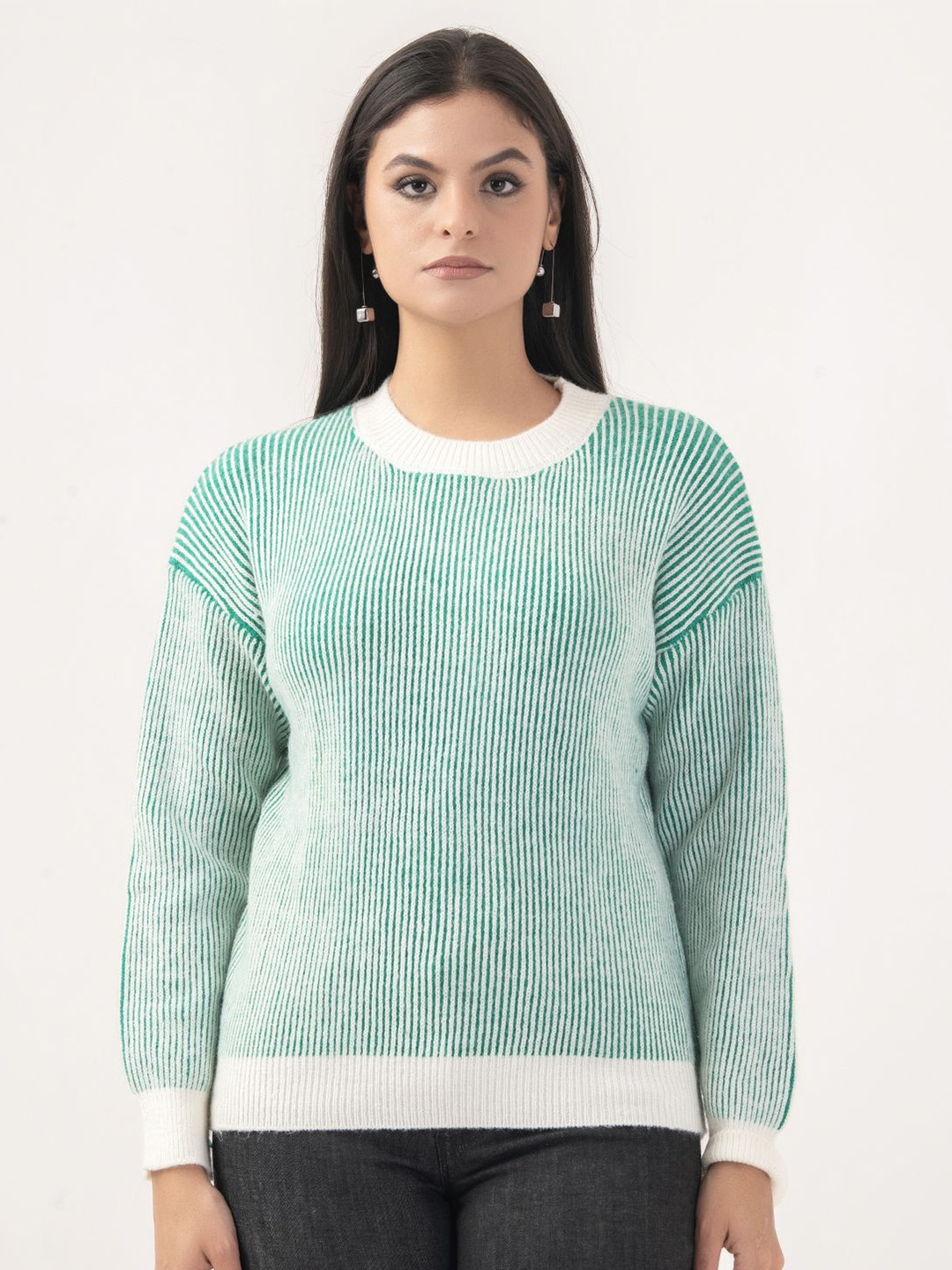 

Albion By CnM Women Cotton Striped Pullover, Green