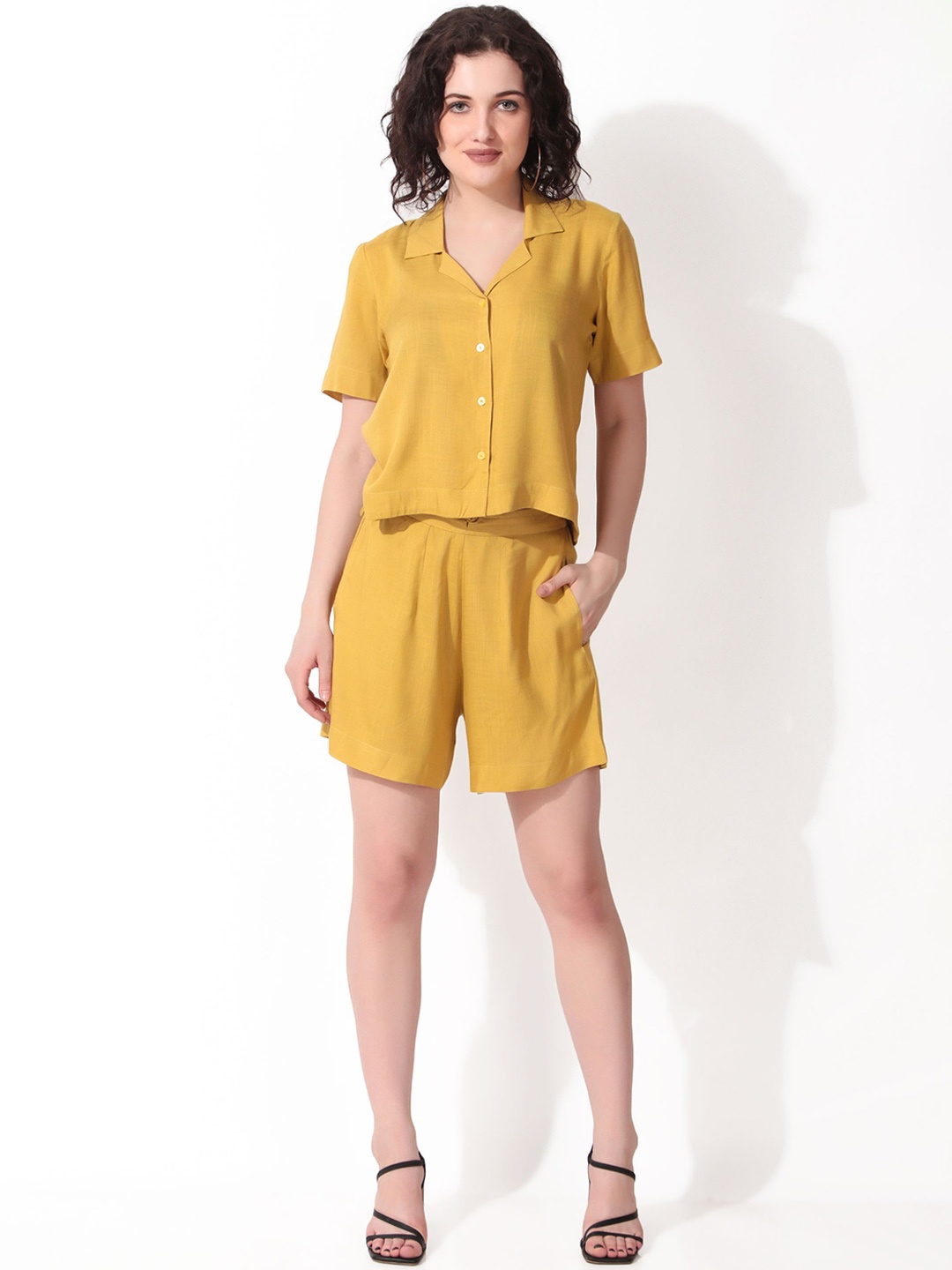 

Seryeon Shirt Collar Short Sleeves Shirt With Shorts, Mustard