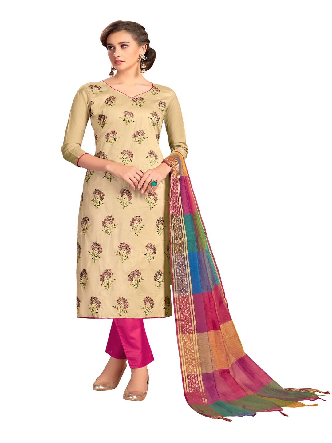 

Maroosh Floral Printed Unstitched Dress Material, Beige