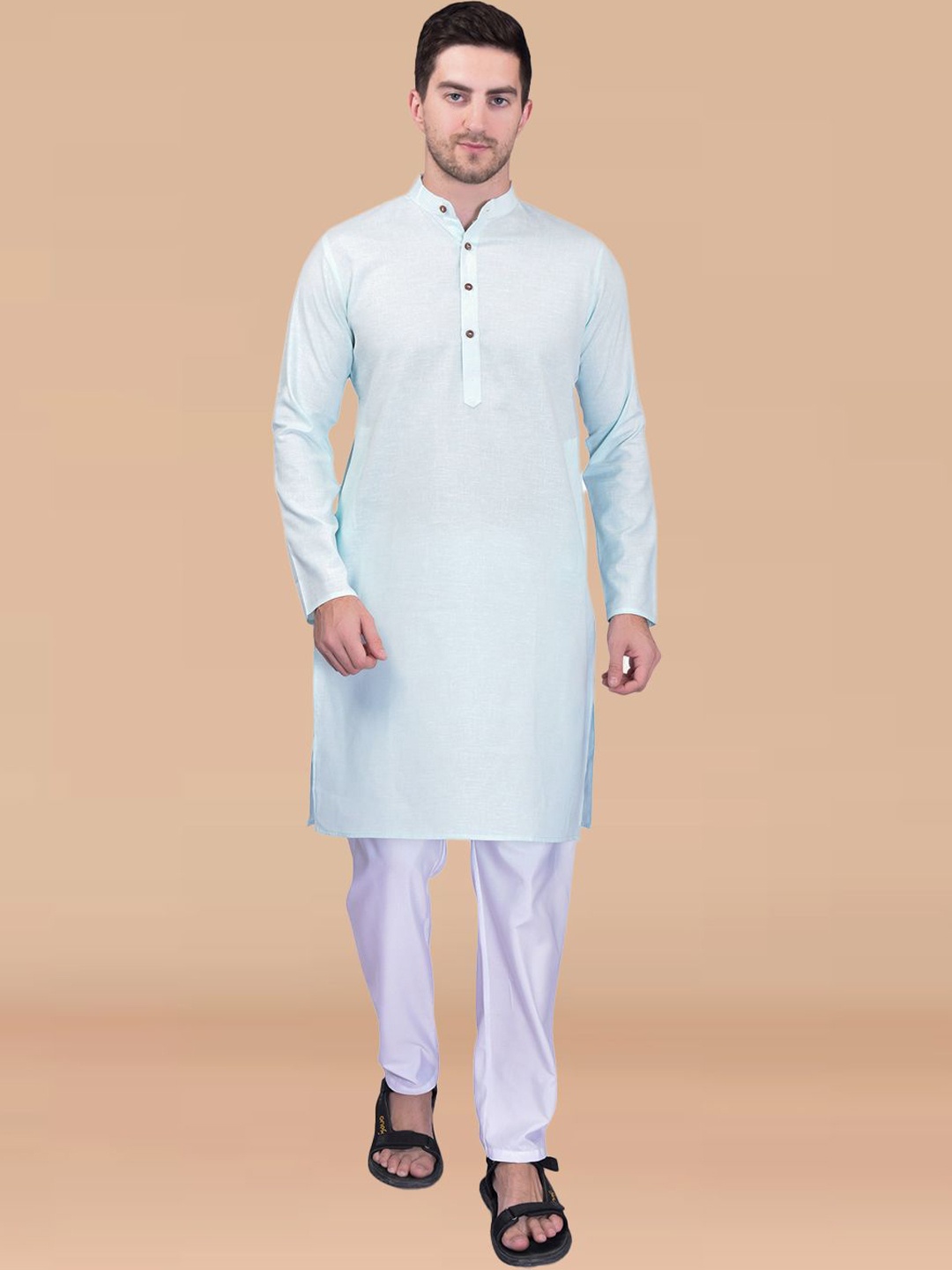 

PRINTINDIA Band Collar Pure Cotton Straight Kurta with Trousers & Nehru Jacket, Blue