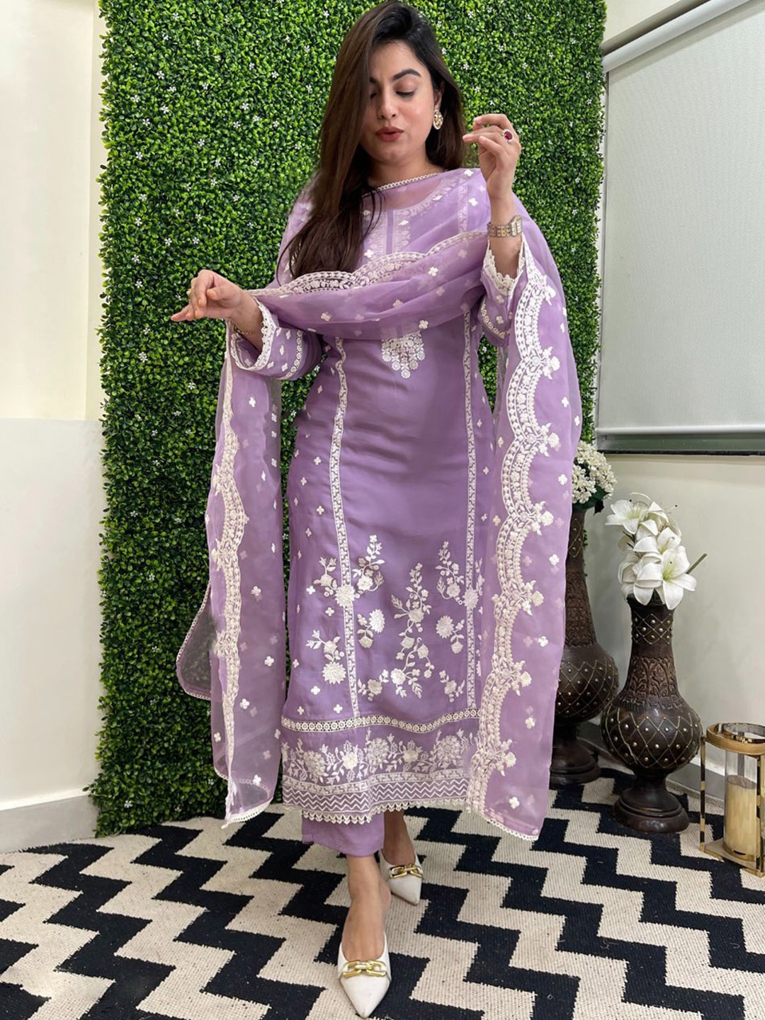 

Anni Designer Floral Embroidered Thread Work Straight Kurta with Trouser & Dupatta, Purple