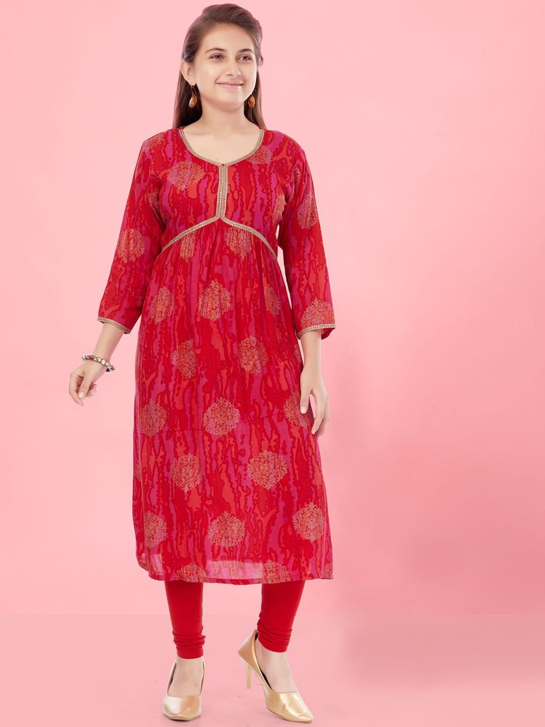 

Sangria Girls Ethnic Motifs Printed Round Neck Pure Cotton A-Line Kurta With Legging, Red