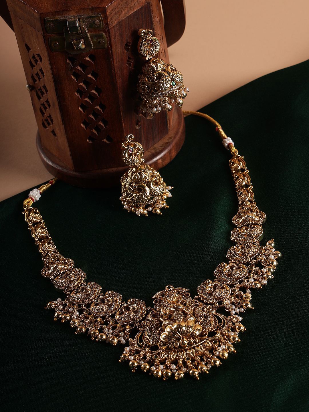 

Kattam Gold-Plated Stone-Studded Temple Jewellery Set