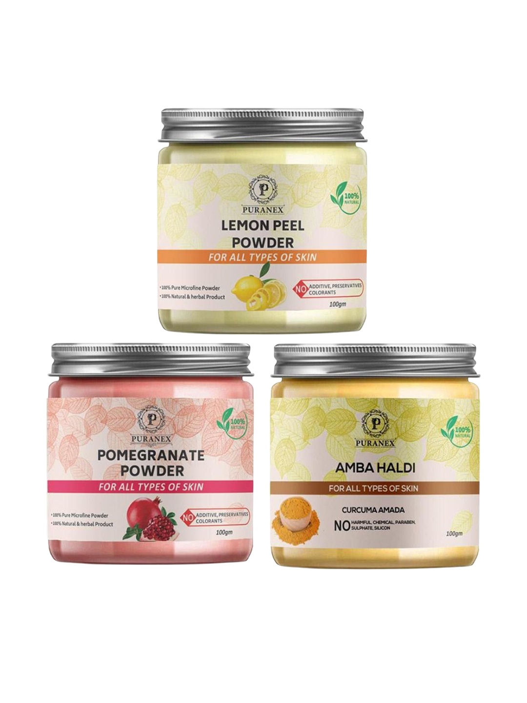 

Puranex Set Of 3 Amba Haldi - Lemon Peel & Pomegranate Powder - 100 g Each, White