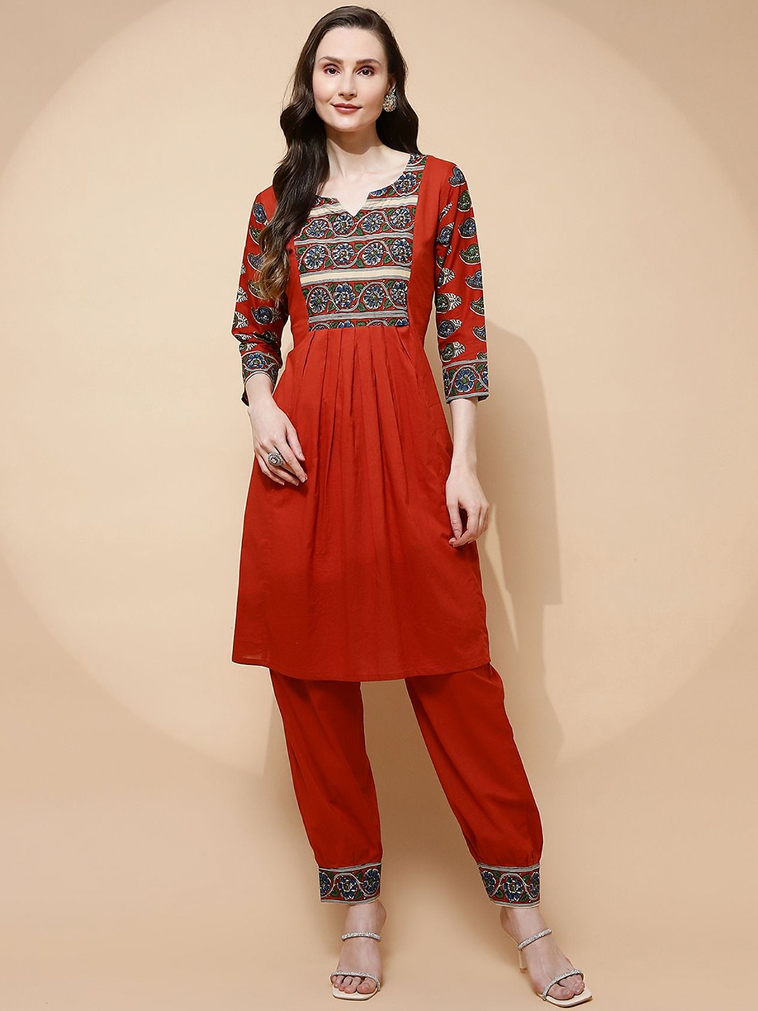 

Me&I Floral Printed Pure Cotton A-Line Kurta With Trouser, Red