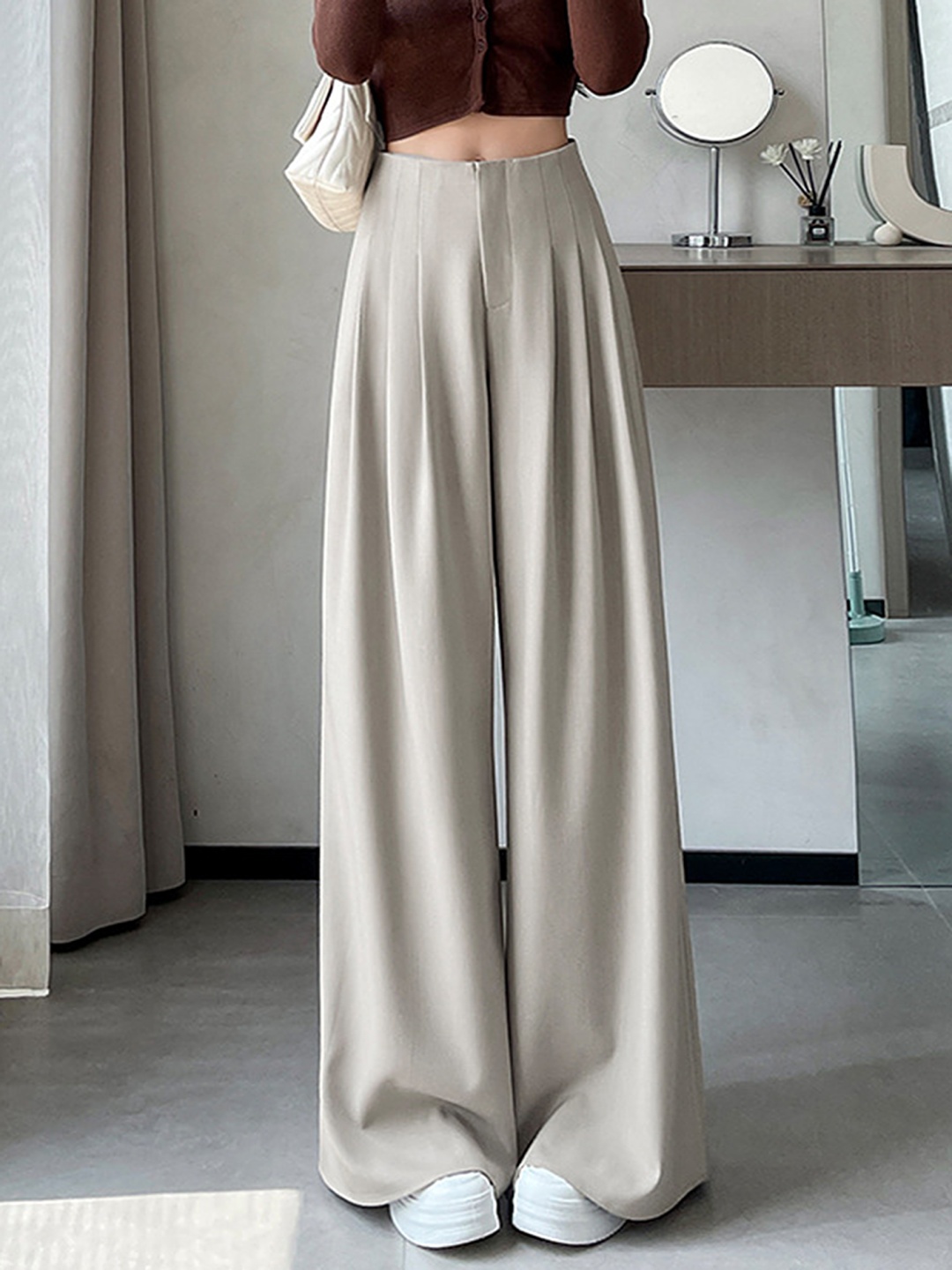 

LULU & SKY Women Loose Fit High-Rise Pleated Wide Leg Trousers, Beige