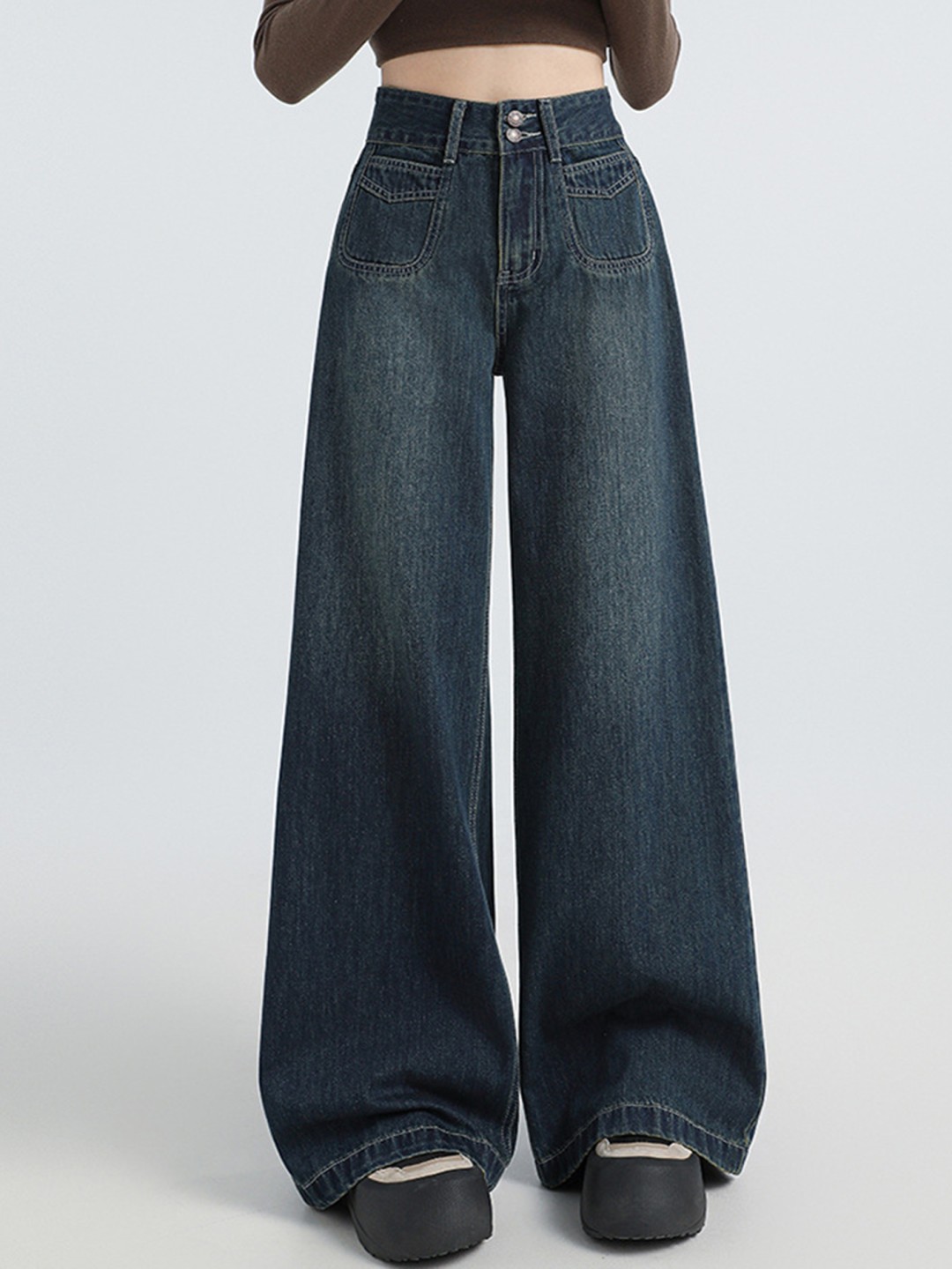 

LULU & SKY Women Wide Leg High-Rise Light Fade Jeans, Navy blue