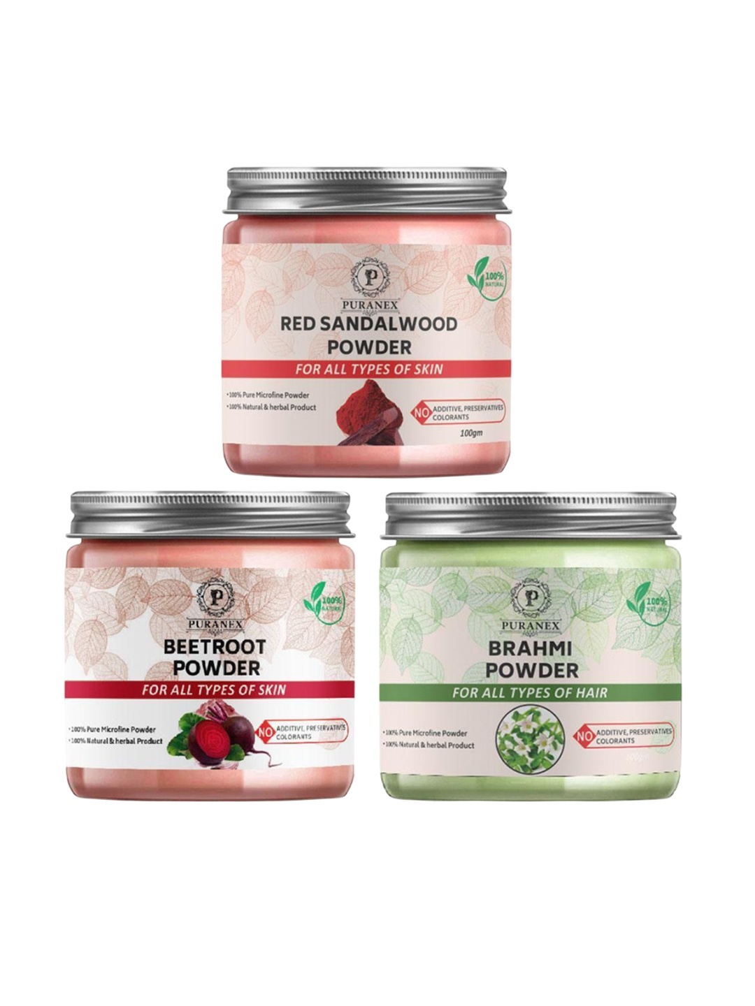 

Puranex Set Of 3 Red Sandal Wood, Beetroot & Brahmi Skin & Hair Powder-100 g Each, White