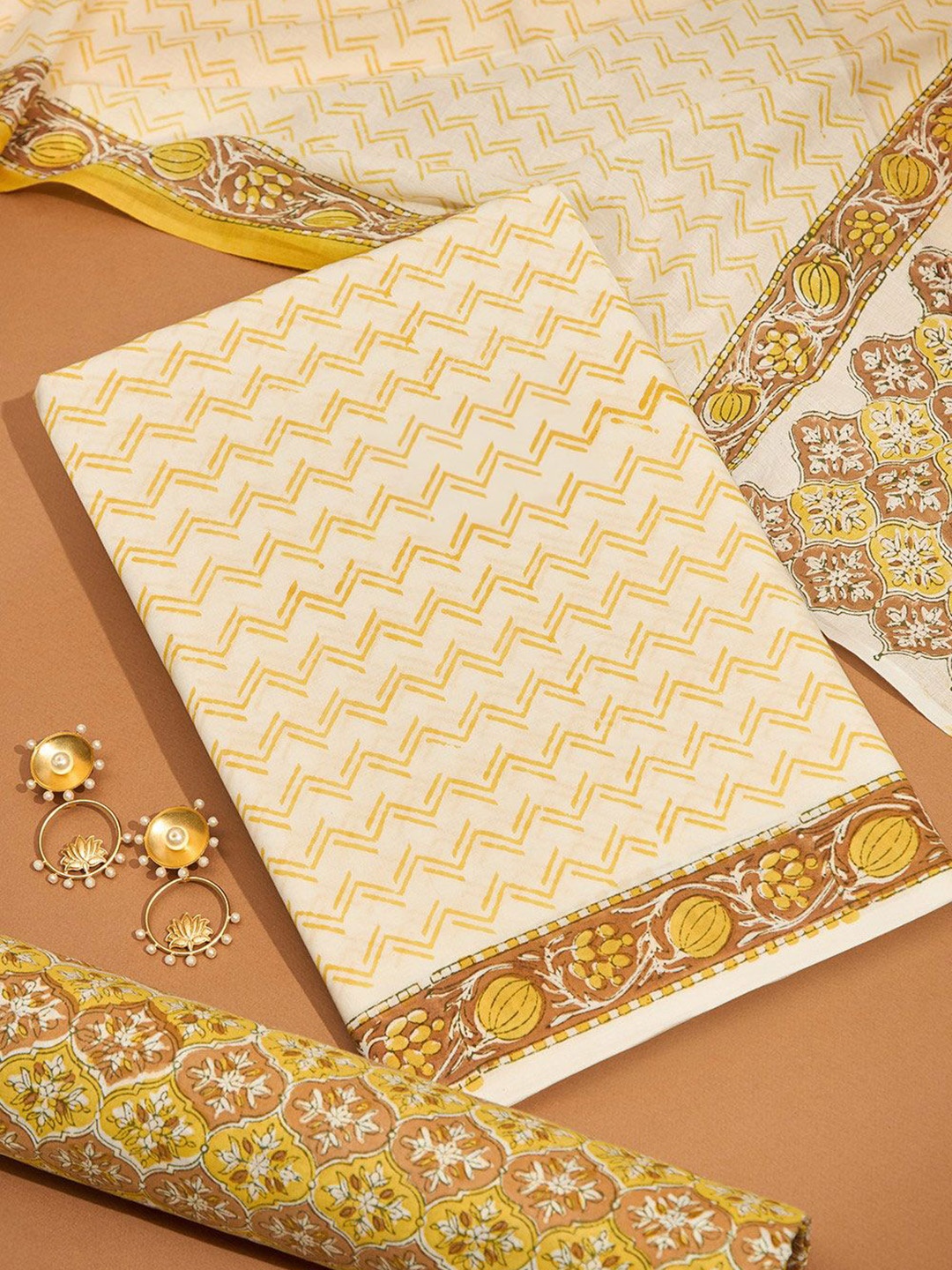 

Taneira Chevron Printed Pure Cotton Unstitched Dress Material, Yellow