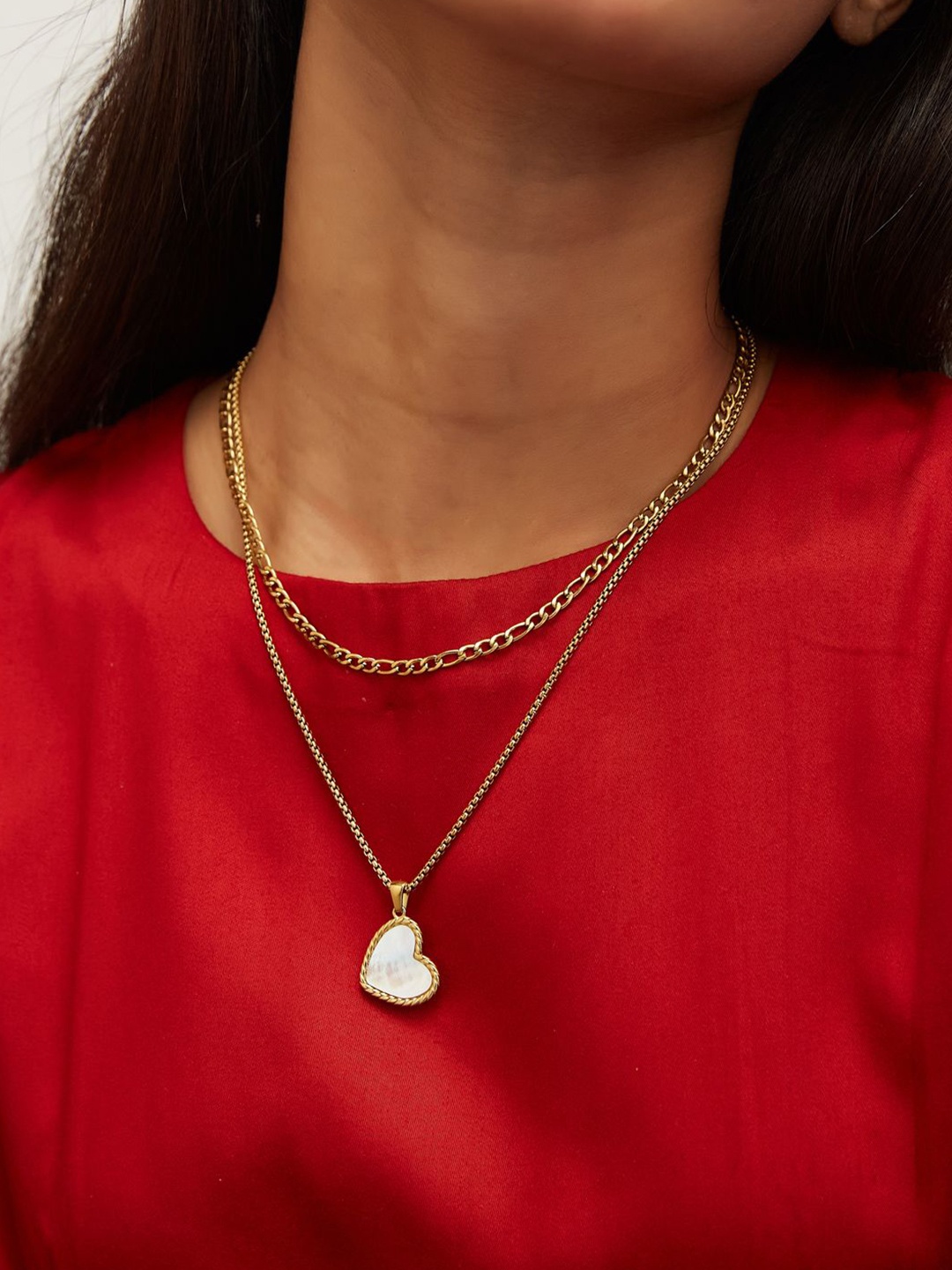 

Yinara Gold-Plated Stainless Steel Heart Shaped Pendant Layered Necklace