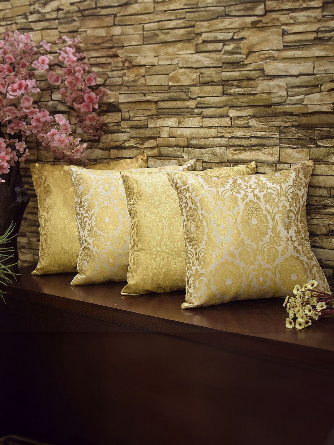 

RoyalDeco White 4 Pieces Ethnic Motifs Printed Brocade Silk Square Cushion Covers