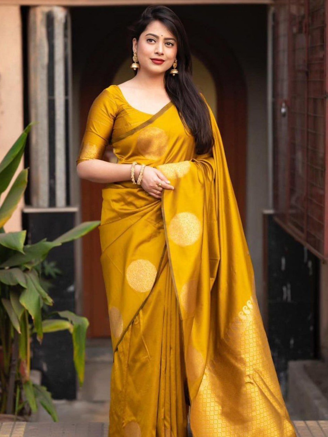 

Fashion Booms Ethnic Motifs Woven Design Zari Pure Silk Banarasi Saree, Yellow