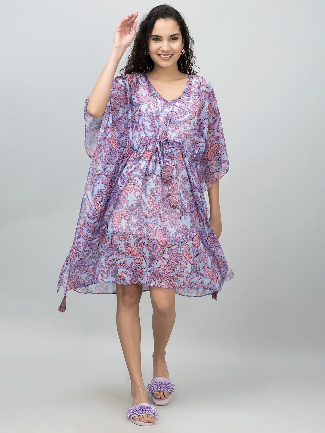 

PURYS Ethnic Motifs Printed V-Neck Kaftan Dress, Lavender