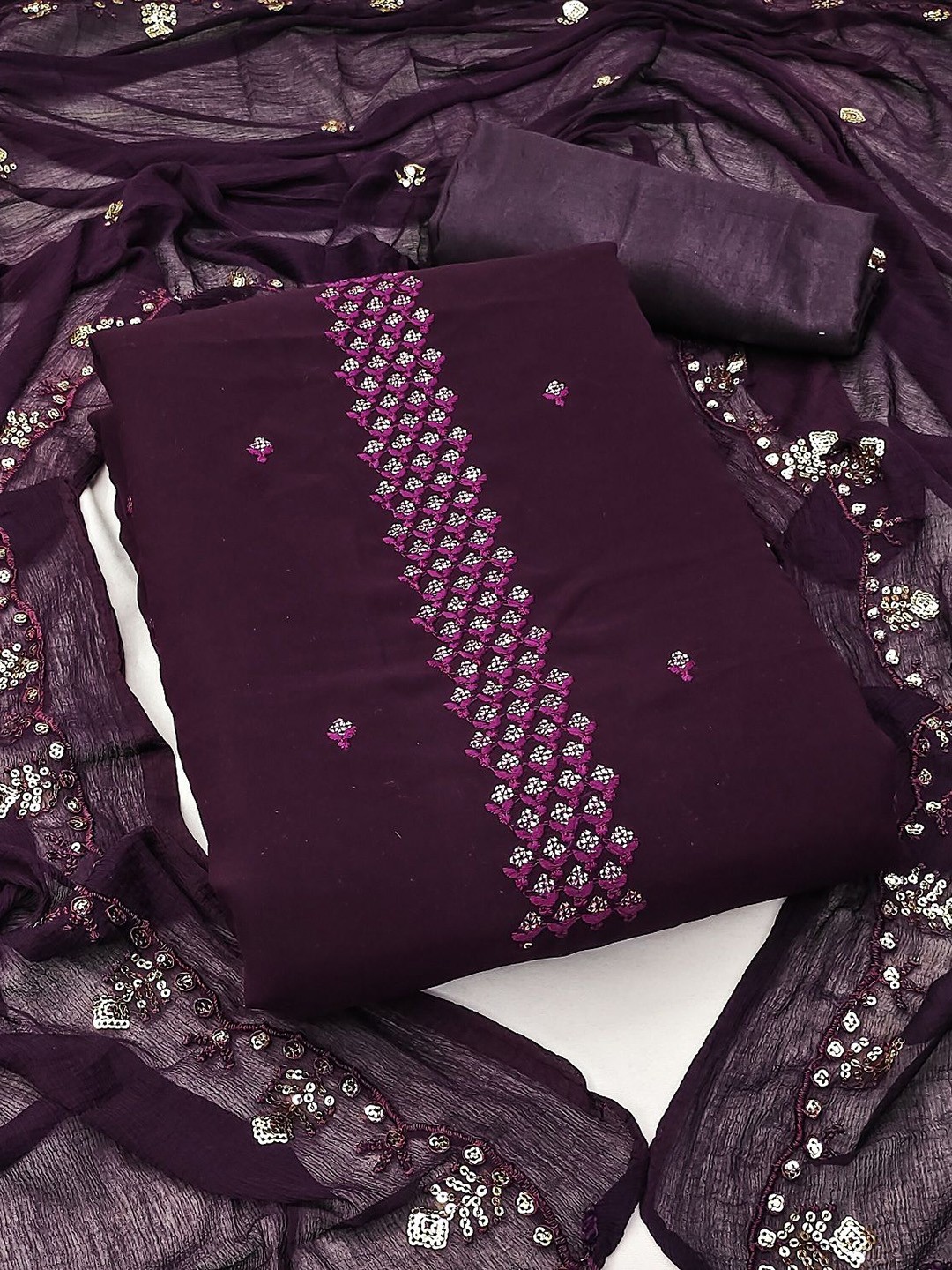 

JULEE Geometric Embroidered Sequinned Silk Georgette Unstitched Dress Material, Purple