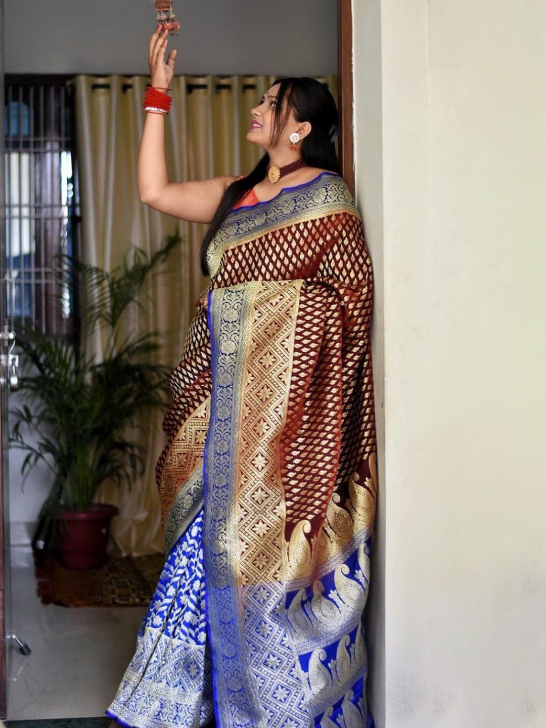 

Fashion Booms Woven Design Zari Pure Silk Half and Half Banarasi Saree, Blue