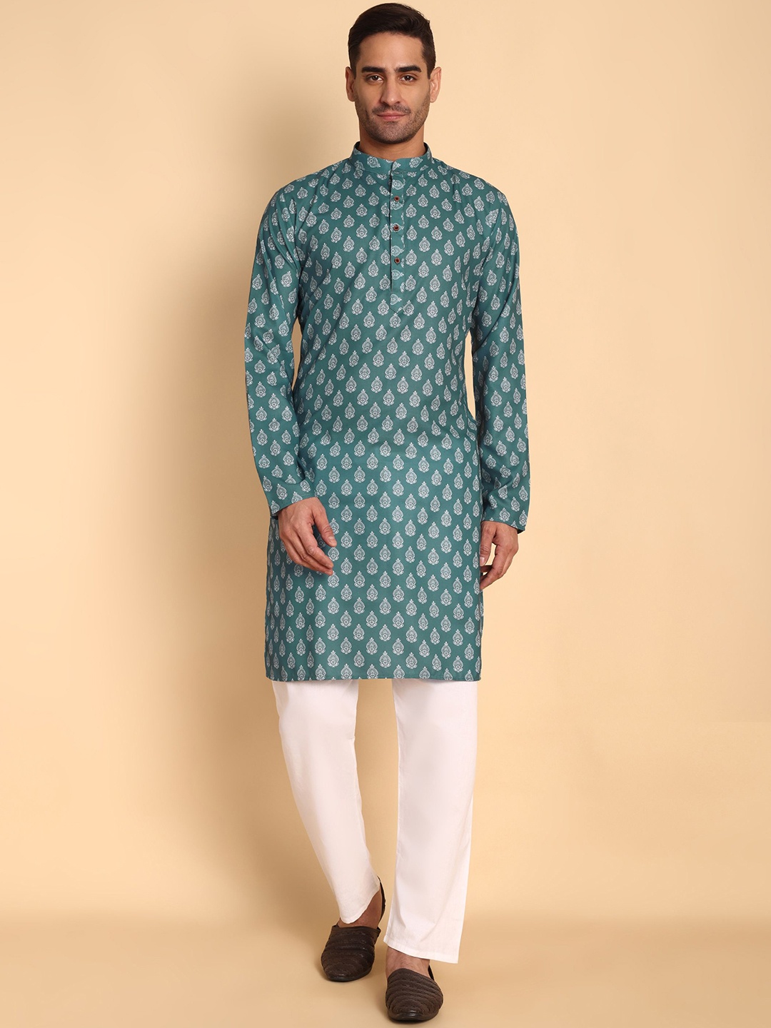 

Vardha Floral Printed Mandarin Collar Cotton Straight Kurta, Teal