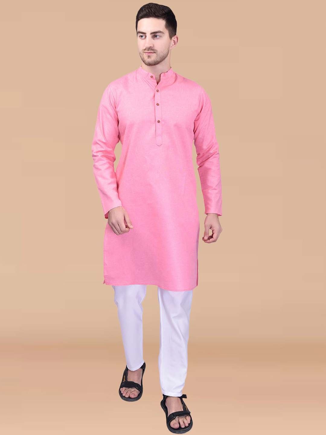 

PRINTINDIA Mandarin Collar Pure Cotton Straight Kurta With Trouser, Pink