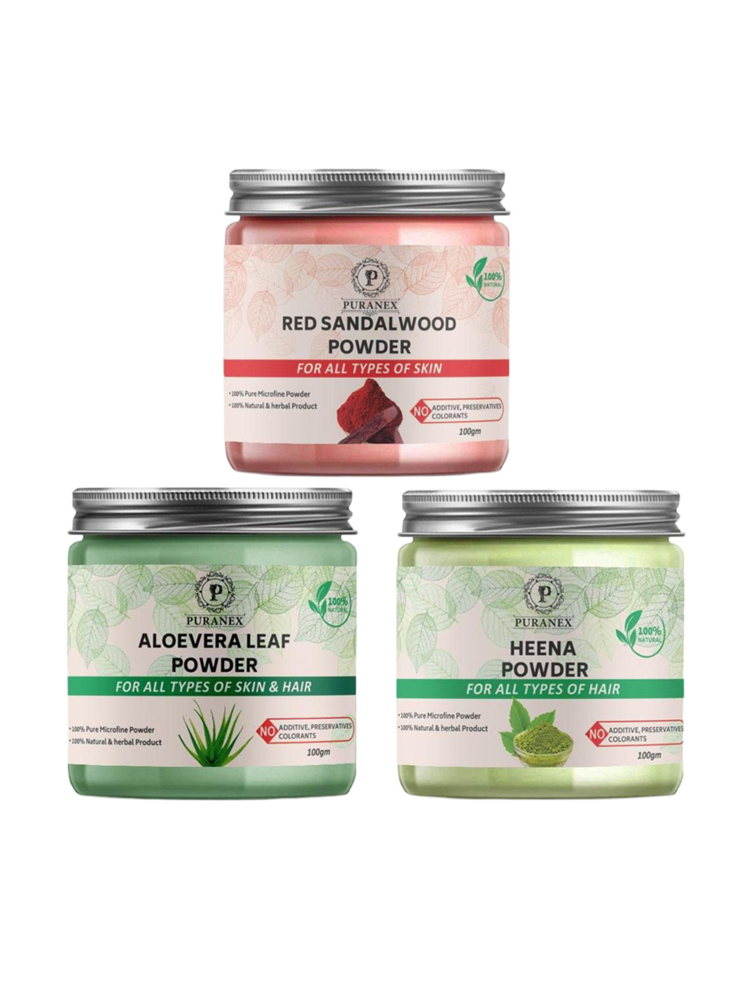

Puranex Set Of 3 Red Sandalwood - Aloe Vera Leaf & Henna Powder - 100 g Each, Pink