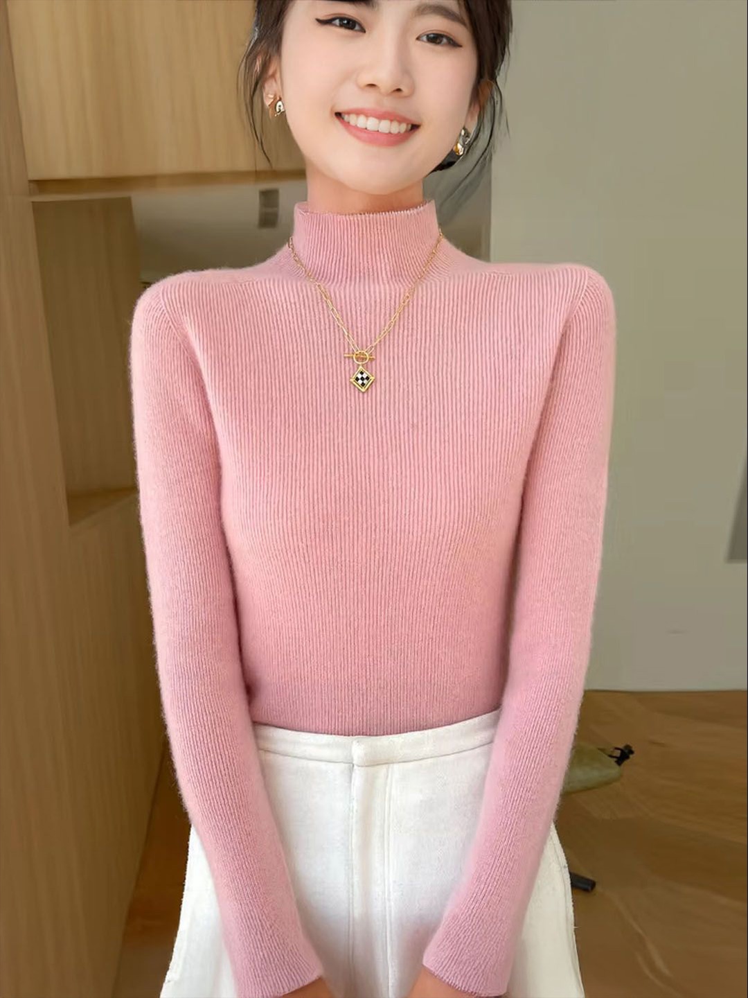 

StyleCast Women High Neck Ribbed Pullover, Pink