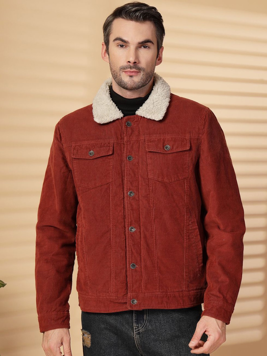 

LURE URBAN Men Corduroy Solid Denim Jacket, Rust
