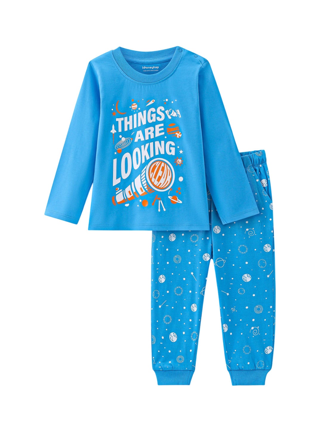 

Honeyhap Boys Pure Cotton Typography Printed Night suit, Blue