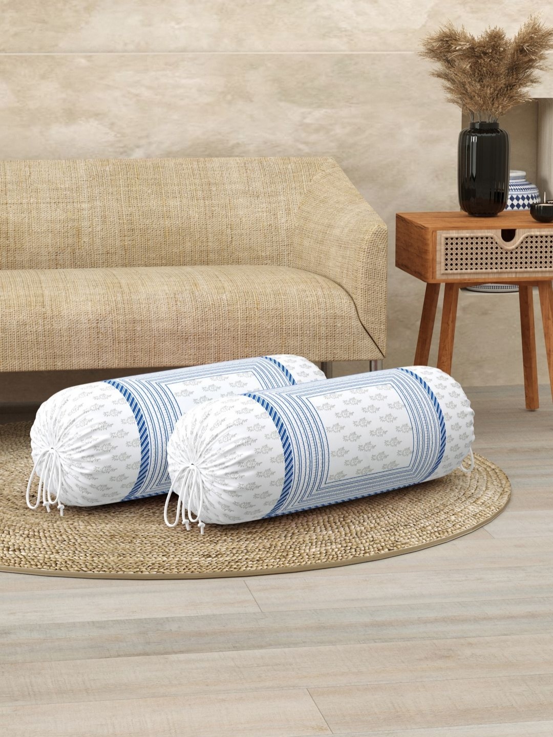 

BLOCKS OF INDIA White & Blue 2 Pieces Ethnic Motifs Printed Cotton Bolster Cover Set