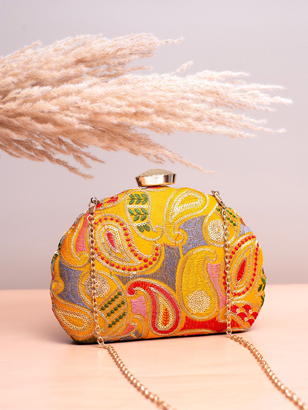 

ARTKLIM Paisley Embroidered Box Clutch, Yellow