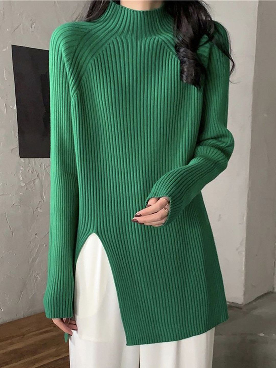 

LULU & SKY Women Ribbed Longline Pullover, Green