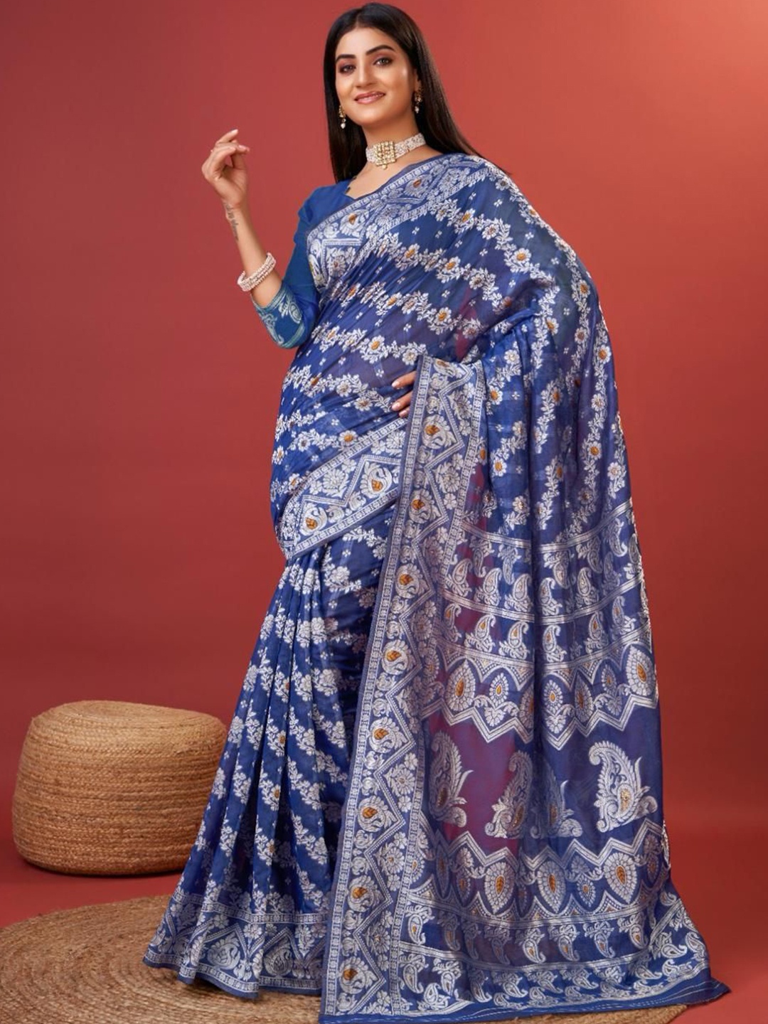 

Fashion Booms Ethnic Motifs Woven Design Zari Pure Silk Banarasi Saree, Blue