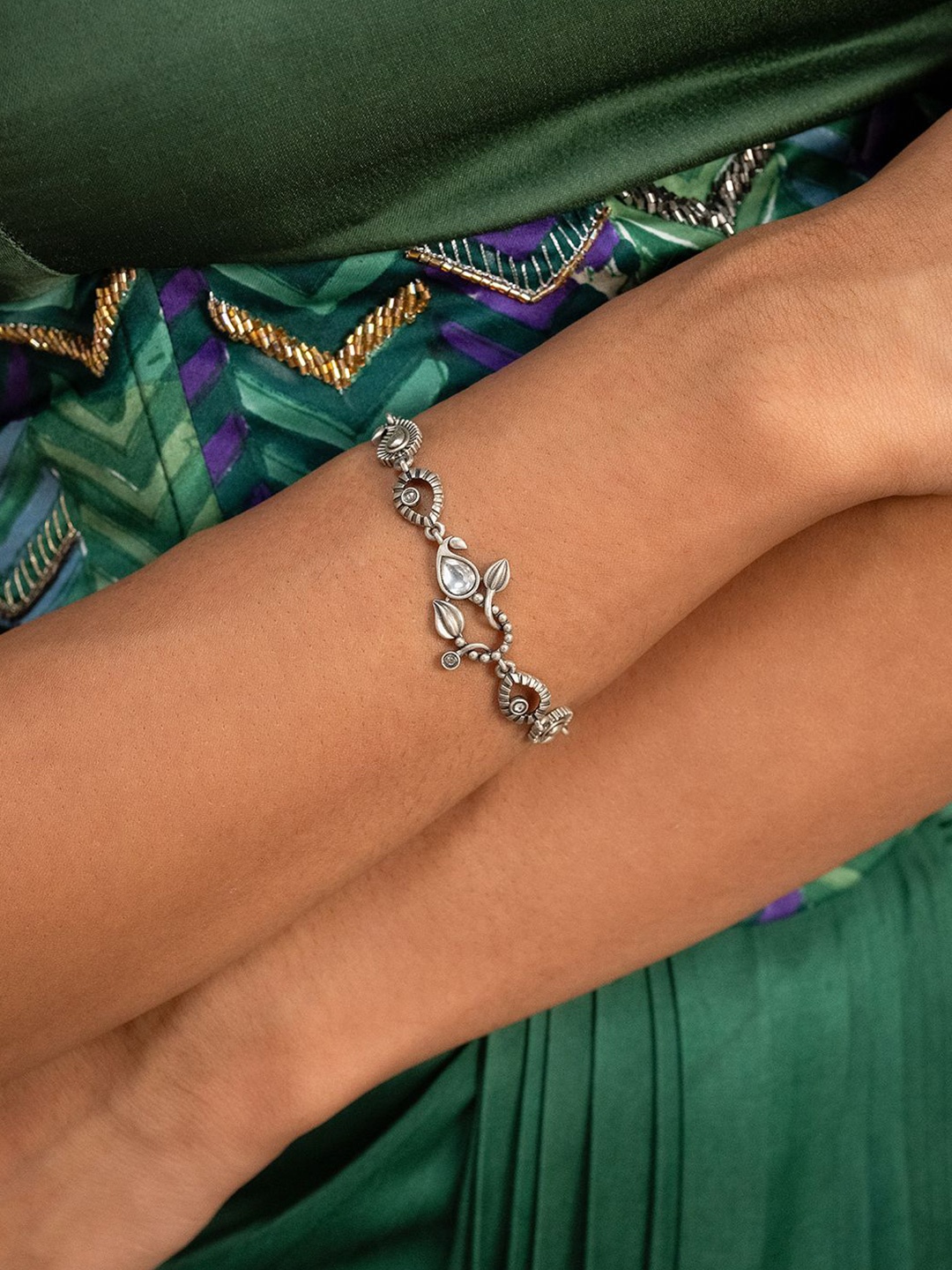 

SHAYA 925 Sterling Silver Stones Studded Oxidised Wraparound Bracelet