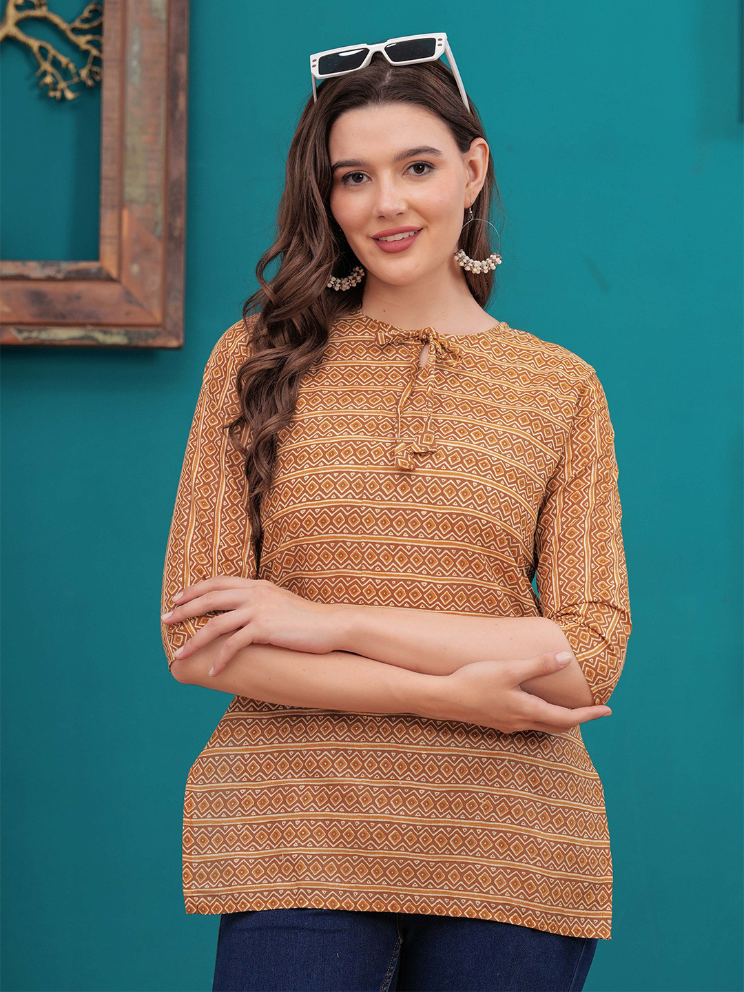 

kipek Women Printed Keyhole Neck Cotton Top, Brown