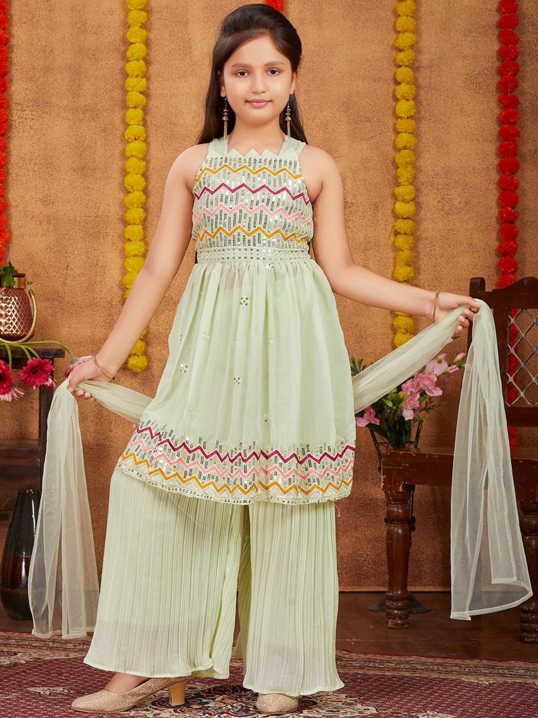 

Sangria Girls Embroidered Georgette A-Line Kurta with Sharara & Dupatta, Sea green