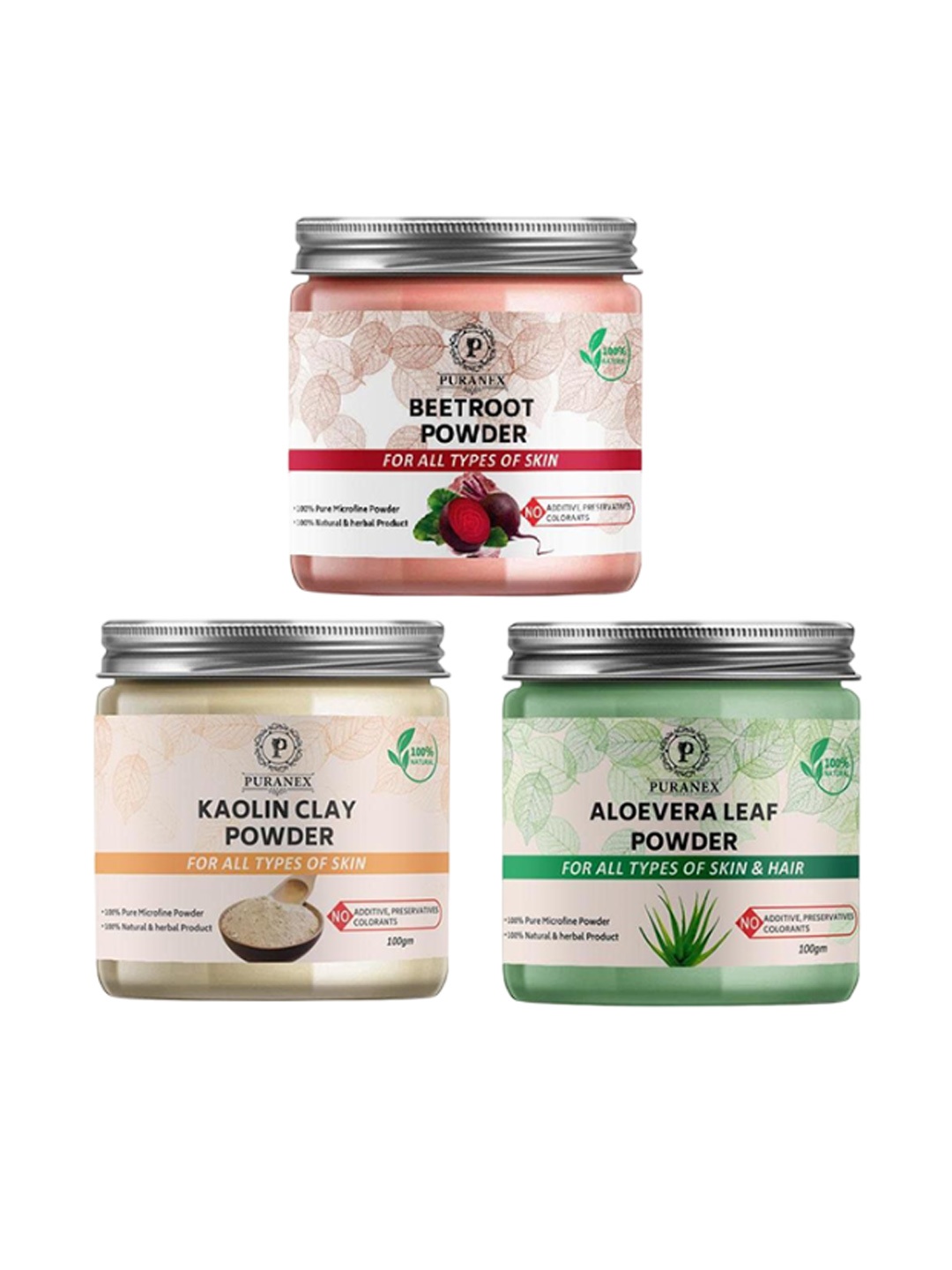 

Puranex Set Of 3 Aloevera Leaf Kaolin Clay & Beetroot Skin & Hair Powder - 100 g Each, White