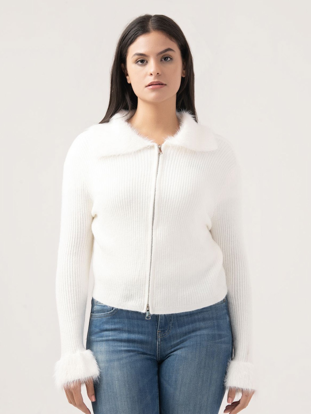 

Albion By CnM Women Striped Crop Front-Open Sweater, White