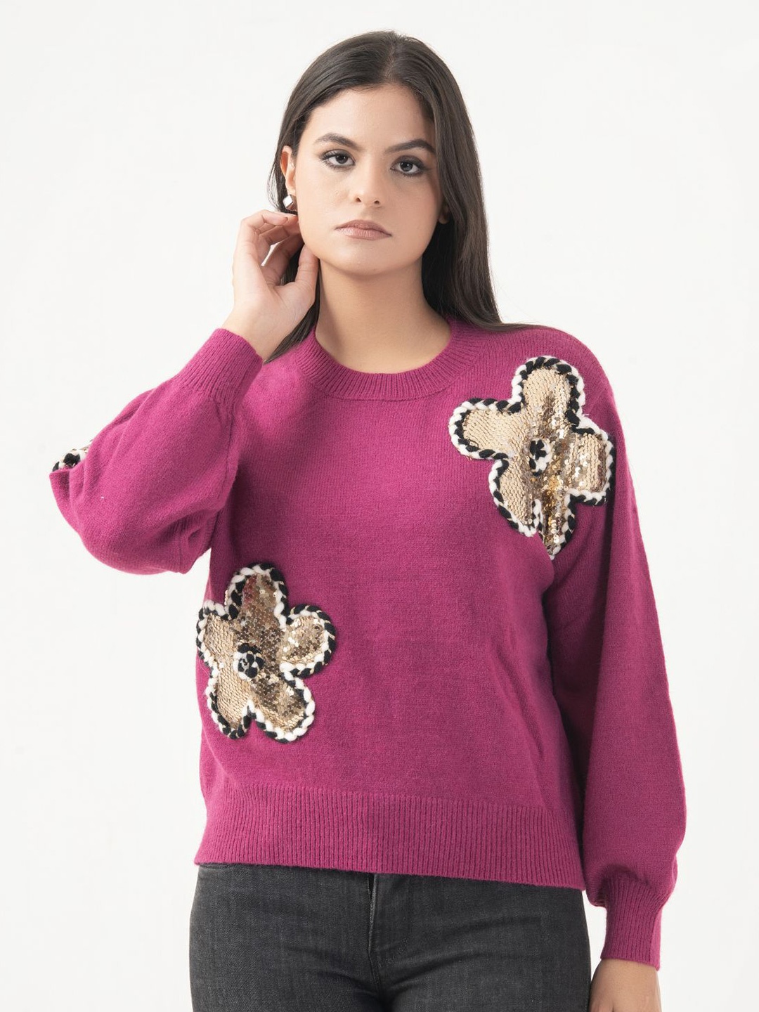 

Albion By CnM Women Floral Round Neck Pullover Sweater, Magenta