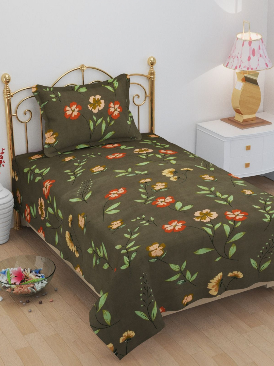 

FINE TEX WORLD Mayur Green Printed Microfiber 210 TC Single Bedsheet Set 2.28 x 1.52m