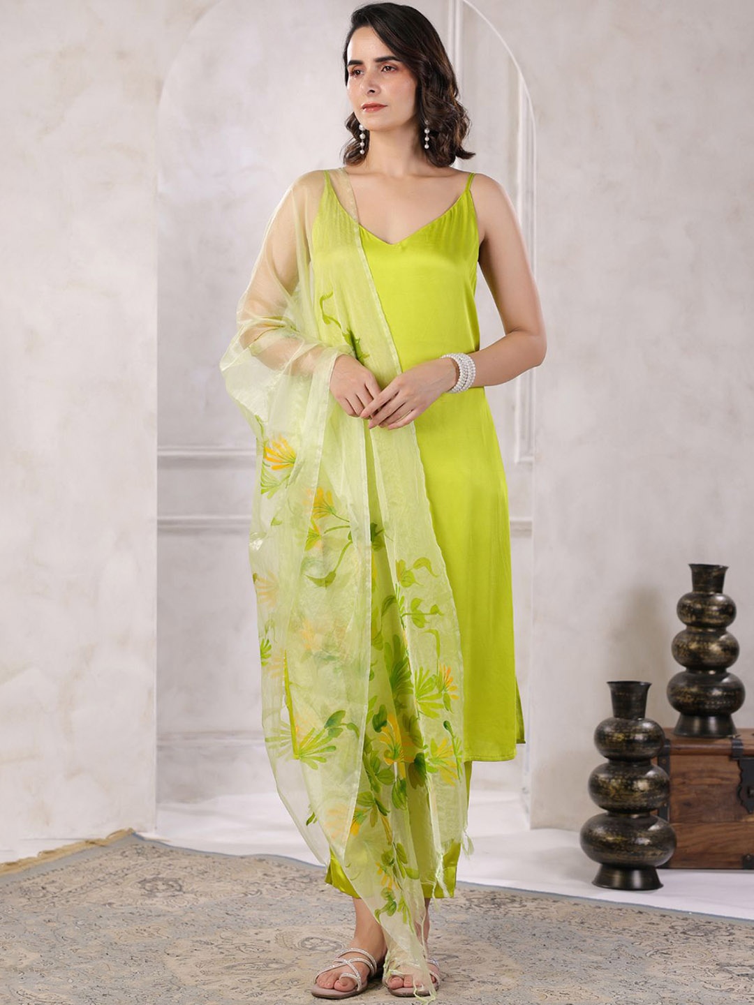 

Geroo Luxe Shoulder Straps Satin Straight Kurta With Trouser & Dupatta, Green