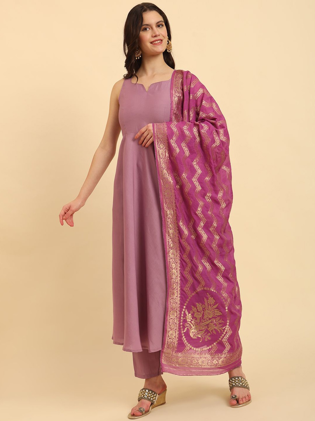 

Yufta Notch Neck Regular Silk Anarkali Kurta with Trousers & Dupatta, Purple