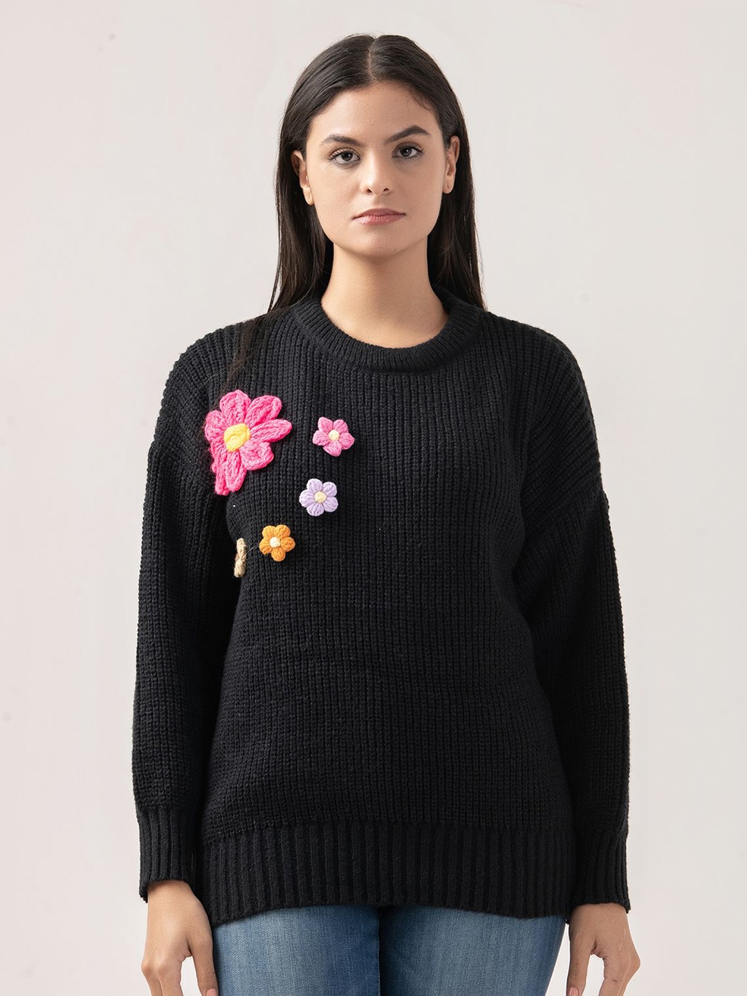 

Albion By CnM Women Cotton Floral Embroidered Pullover, Black